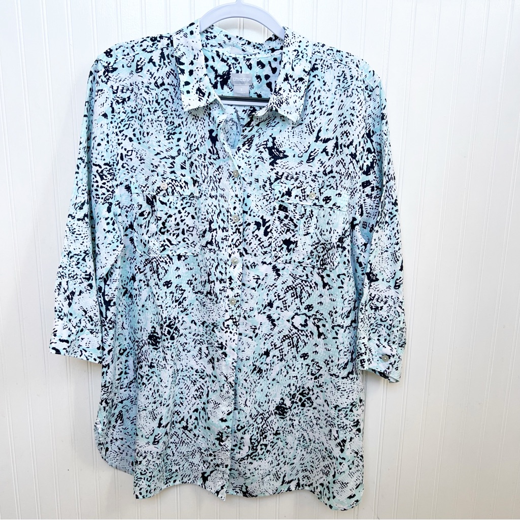 Chico’s Nwt Blue & White Dancing Texture No Iron Linen Tunic Size 3 = Women’s 16